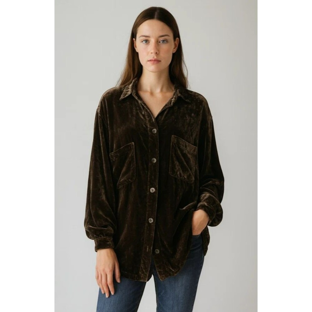 CP Shades Velvet Shirt Size S Olive Boyfriend Loose Fit BOHO Oversized Lagenlook